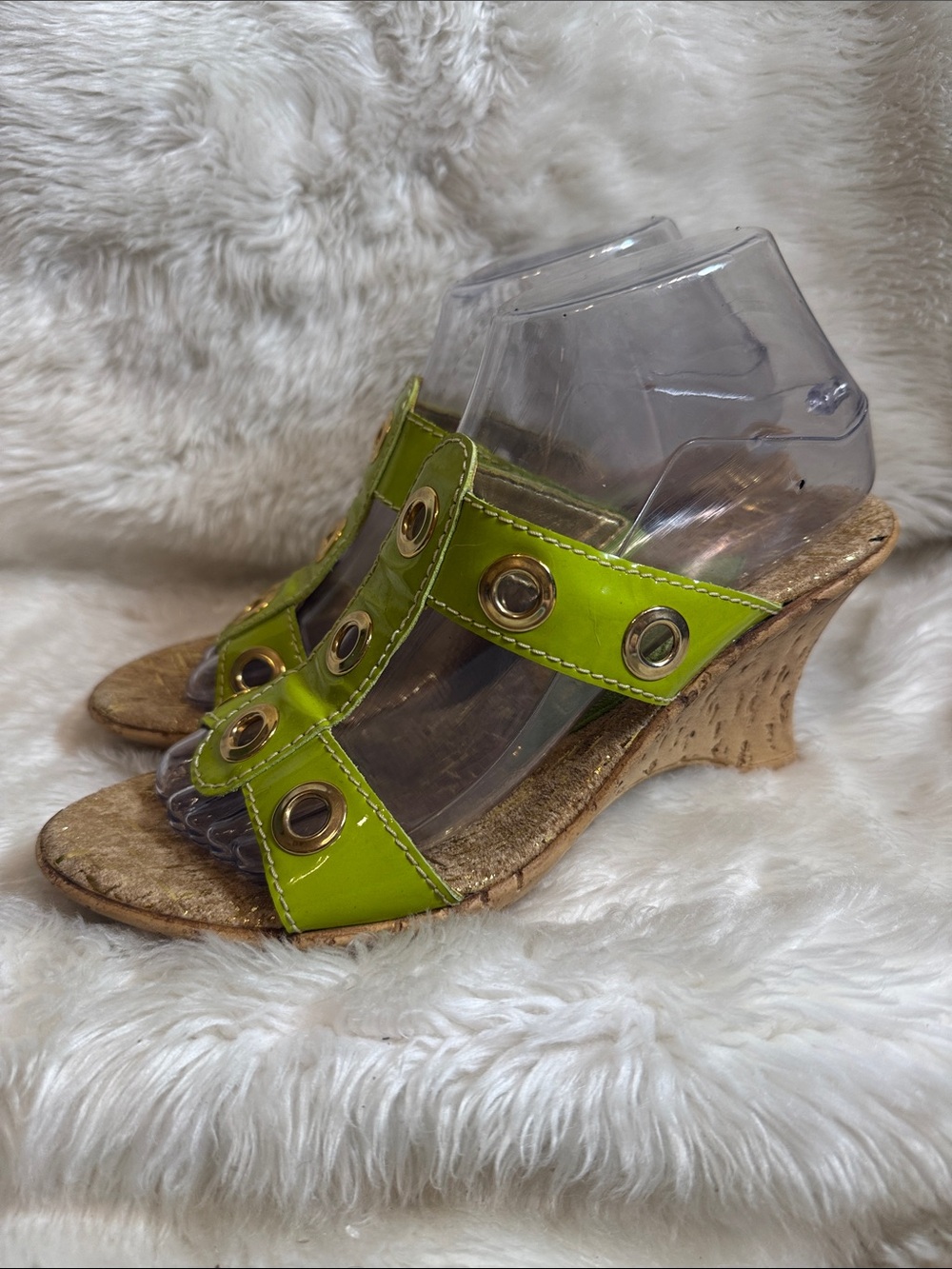 Dezario Lime Green Patent Leather Cork Wedge Sandals Size 8 EU 39 Y2K